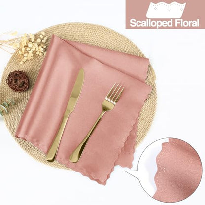 20x20 Inch Rose Gold Satin Napkins - Set of 100 with Scalloped Edges