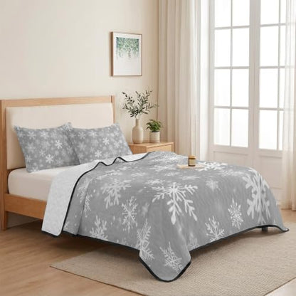 Silver Snowflakes Christmas Quilt Set Twin XL Bedding - Winter Holiday Lightweight Comforter with Pillowcases