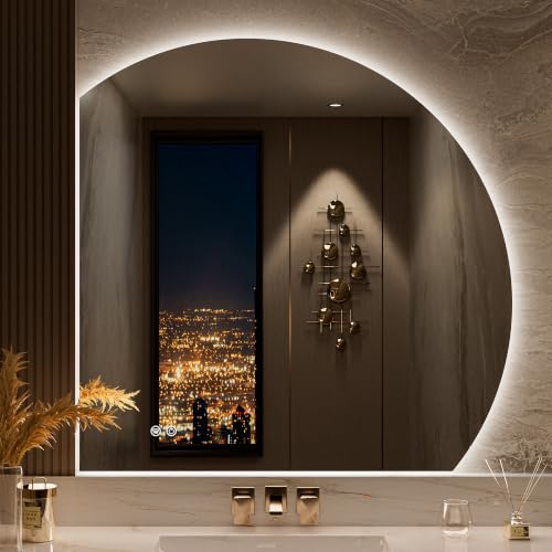 Keonjinn 36x36 Inch Half Moon Backlit Bathroom Mirror with HD Tempered Glass - Vertical Cut