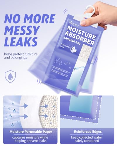 Vacplus Moisture Absorber 3 Pack Closet Hanging Bags - Fragrance-Free