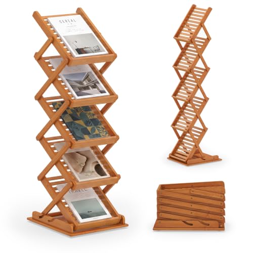 Foldable Bamboo Magazine Rack with Adjustable Height and 5 Shelves — Modern Storage Organizer