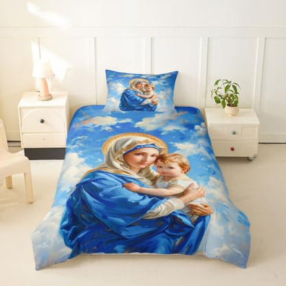 Blue Twin Duvet Cover Set with Zipper - Spiritual God with Child Bedding