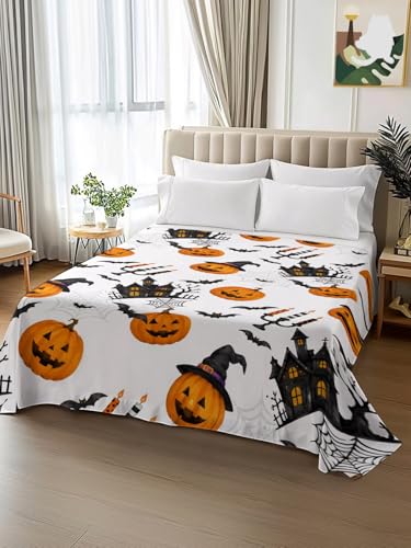 Halloween Pumpkin Haunted Castle Flat Sheet King Size - Orange, Charcoal, White, Cream
