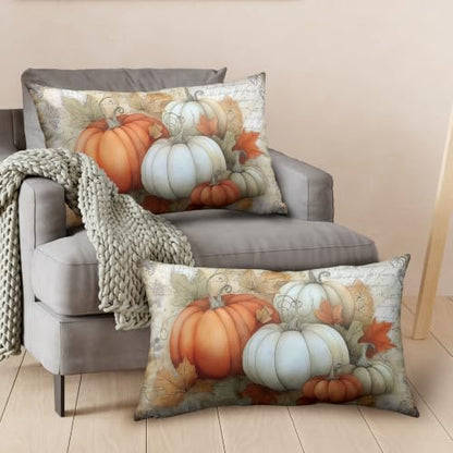 Fall Outdoor Lumbar Pillow Covers 12x20 Set of 2 Orange White Pumpkin Maple Leaves Vintage Autumn Thanksgiving Cushion Case