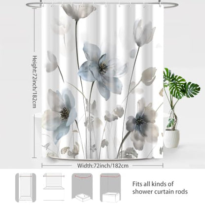 Blue Grey Boho Floral Shower Curtain 72x72 Inch Waterproof Bathroom Decor - Variation: Blue and Grey