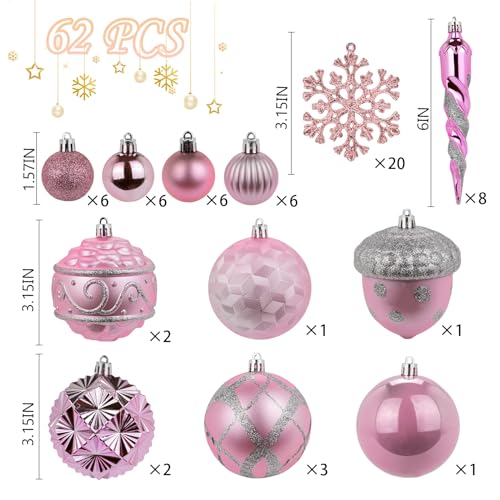 Pink Christmas Ornaments Set - 62 Shatterproof Plastic Baubles for Tree Decor