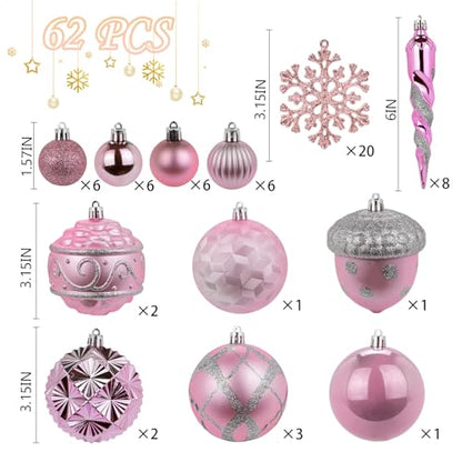 Pink Christmas Ornaments Set - 62 Shatterproof Plastic Baubles for Tree Decor