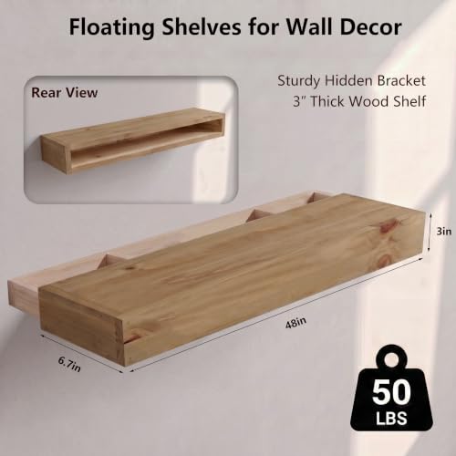 48-Inch Rustic Solid Wood Floating Shelves Set of 2, Heavy Duty Wall Storage