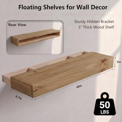 48-Inch Rustic Solid Wood Floating Shelves Set of 2, Heavy Duty Wall Storage