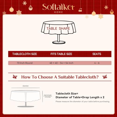 Softalker Christmas Plaid Round Tablecloth 70 Inch - Red Checkered, Flower Variation