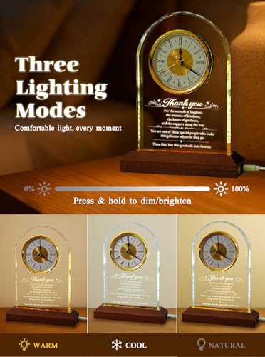 Thank You Gifts for Women Men - Glass Clock with 3-Color LED Wooden Base - Thank You Gift with Wooden Light Base