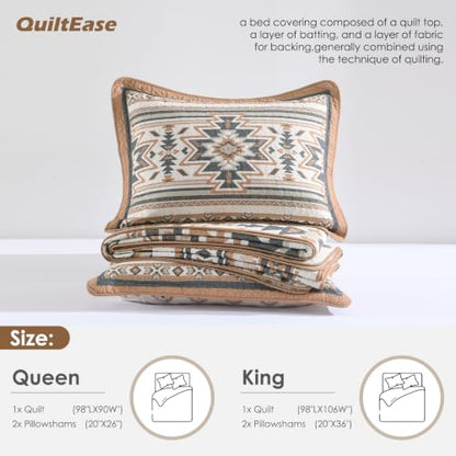 Queen Size Cotton Quilt Set with 2 Pillow Shams - Southwestern Aztec Design