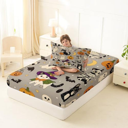 Dusty Gray Multi Cartoon Halloween Bed Sheets Set for Kids Twin Size Pumpkin & Cat Bedding with Deep Pockets