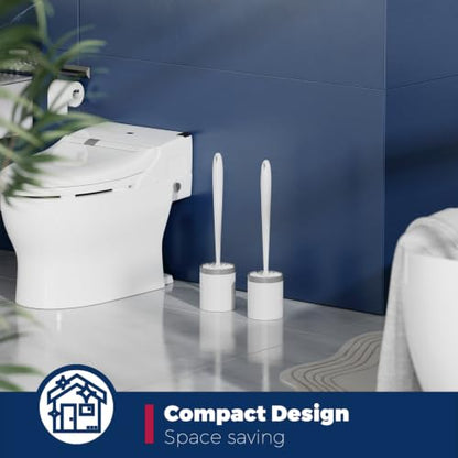 Toilet Brush and Holder Set - Compact, White, 2 Pack for Bathroom