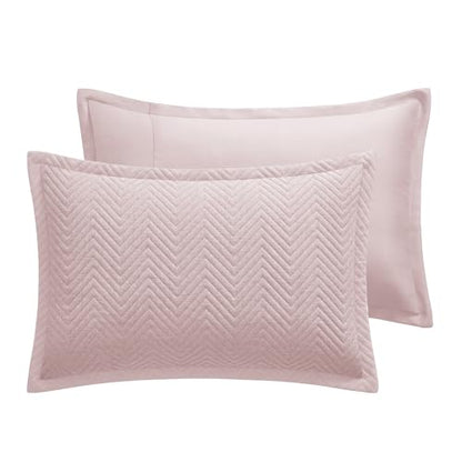 Twin Linen Quilt Set with Embossed Chevron Pattern - Baby Pink Bedspread Coverlet