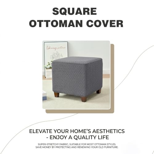 Elastic Stretch Jacquard Ottoman Cover Black - Anti Slip, Washable, Adjustable Square Storage Footstool Slipcover for 13-18 Inch Cube Ottomans