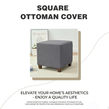 Elastic Stretch Jacquard Ottoman Cover Black - Anti Slip, Washable, Adjustable Square Storage Footstool Slipcover for 13-18 Inch Cube Ottomans