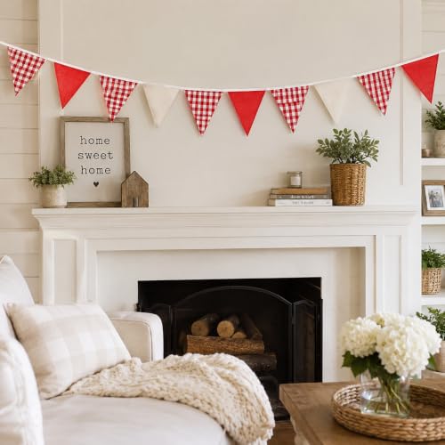 Red & White Triangle Bunting Banner - 32Ft Gingham Fabric Party Decor