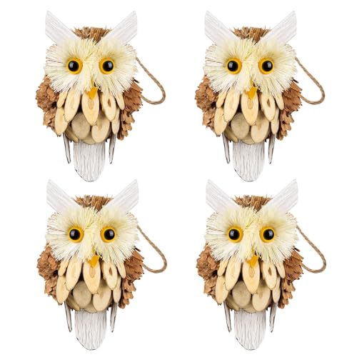 Woodland Christmas Owl Ornaments Set - Handmade Rustic Wooden Decor for Trees