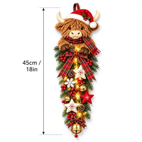 Lighted Highland Cow Christmas Door Swag - Farmhouse Holiday Decor - Orange