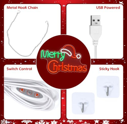 LED Neon Sign Christmas Wall Light with Santa Hat - USB Powered Decor