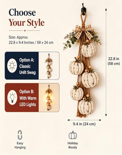 Rustic White Pumpkin Swag with LED Lights & Plaid Bow - Classic Variation