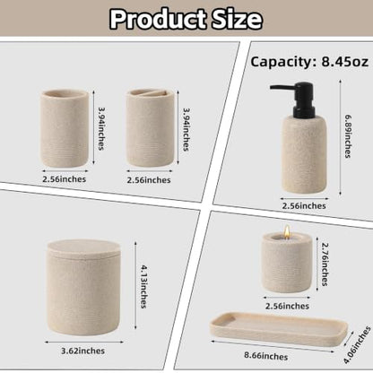 7 PCS Bathroom Accessories Set with Candle Holder & Black Pump Head - Sandstone Look