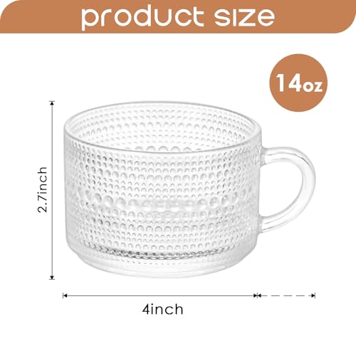 6 Pcs Clear Embossed Glass Coffee Mugs with Handle - 14oz Drinkware Set