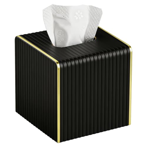 Black Square Tissue Box Cover - Modern Leather Tissue Holder for Home Office Car