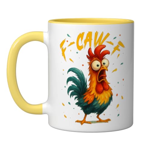 Funny Rooster Ceramic Mug - F Caw F Chicken Whisperer 11oz Yellow/White