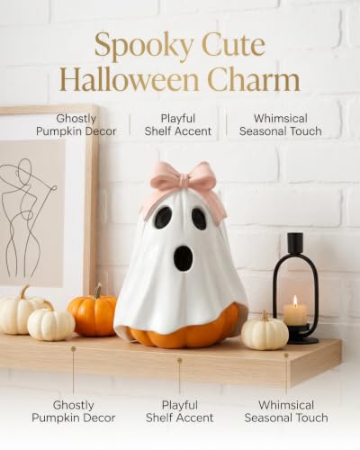 GoGnome Halloween Ghost Pumpkin Figurine - Pink Bow White Resin Fall Decor