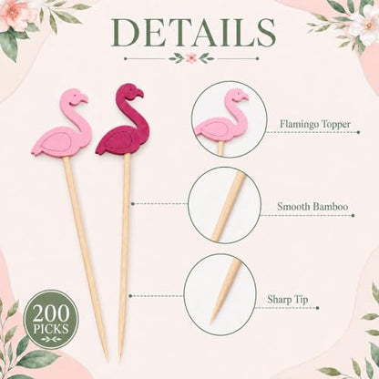 200pcs Flamingo Cocktail Picks - Decorative Bamboo Toothpicks for Appetizers & Drinks