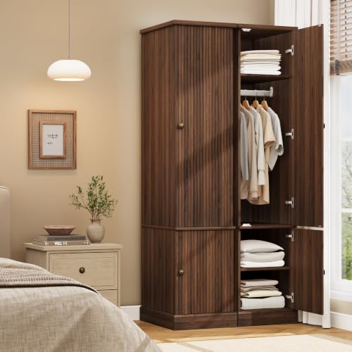 Garvee 72" Tall Armoire Wardrobe Closet - Fluted Wood, Narrow, Retro Brown (Variation: Retro Brown)