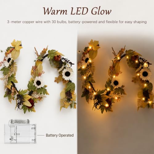 6FT Fall Garland with Lights Sunflower Pumpkin Berry Pinecone Decor for Autumn