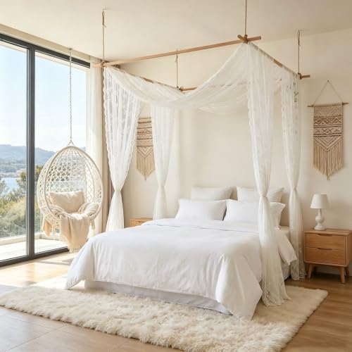 White Lace Canopy Bed Curtains - Sheer Mesh Drapes for Bedroom Decor - 28W x 276L