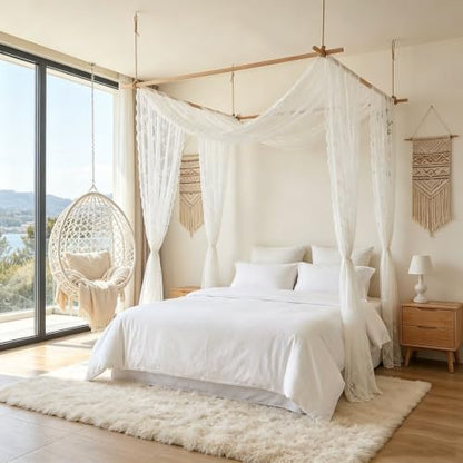 White Lace Canopy Bed Curtains - Sheer Mesh Drapes for Bedroom Decor - 28W x 276L