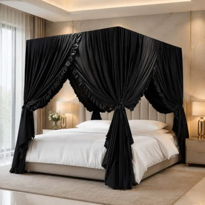 King Size Black Canopy Bed Curtains - Lightproof Privacy Bedroom Decor with 4 Openings - Pack of 4