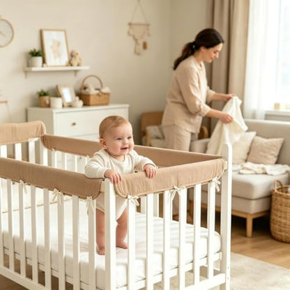 Baby Crib Rail Guard Cover, Adjustable Cotton Gauze Bed Edge Protector - White