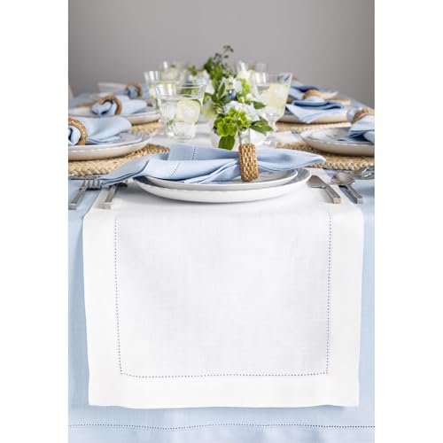 Pure Linen Table Runner 14x90 Inches - White, 100% European Flax, Hemstitch