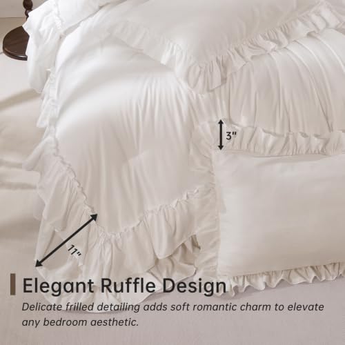 Beige Farmhouse Ruffle Comforter Set Full Size 3 Pieces - Shabby Chic Bedding