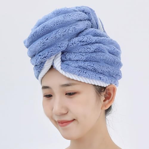 Microfiber Hair Towel with Button for Women - Blue, Quick-Dry, Absorbent