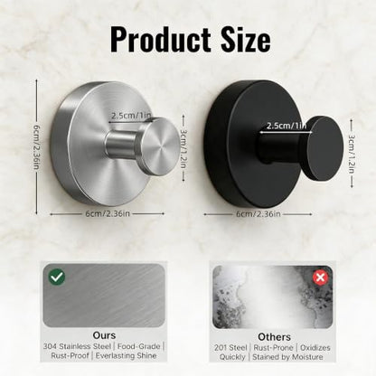 Round Suction Cup Hooks for Shower - Black & Silver, 4 Pack