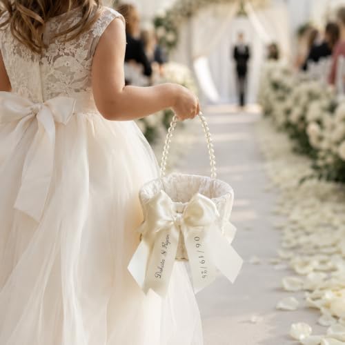 Personalized Flower Girl Basket with Lace & Pearls for Wedding Ceremony