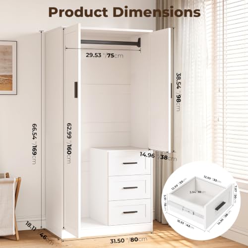 White Wardrobe Closet with Doors, 3 Drawers & Hanging Rod - Armoire 66.5'' H x 31.5'' W x 18.1'' D