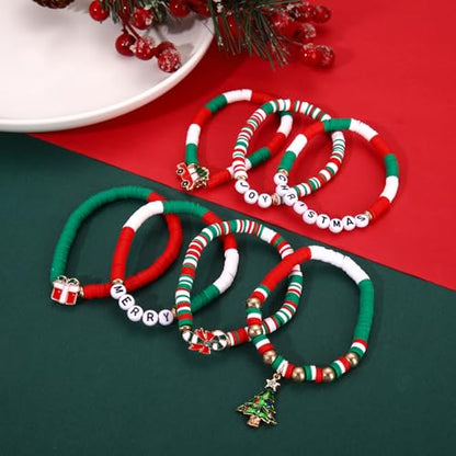 Christmas Bracelets Set - Beaded Candy Cane and Tree Jewelry Gifts