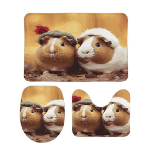 Cute Guinea Pigs Bathroom Rugs Set 3-Piece Floor Mat and Toilet Cover