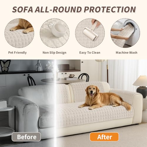 Beige White Sectional Sofa Cover for Pets - 35x94 Inch, Quilted Non-Slip Design