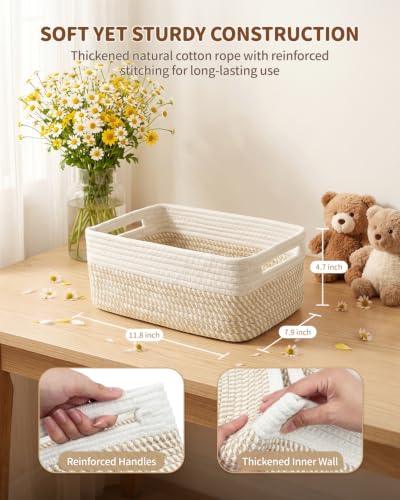 Khaki & White 5 Small Woven Storage Baskets with Handles - Organize Shelves and Drawers