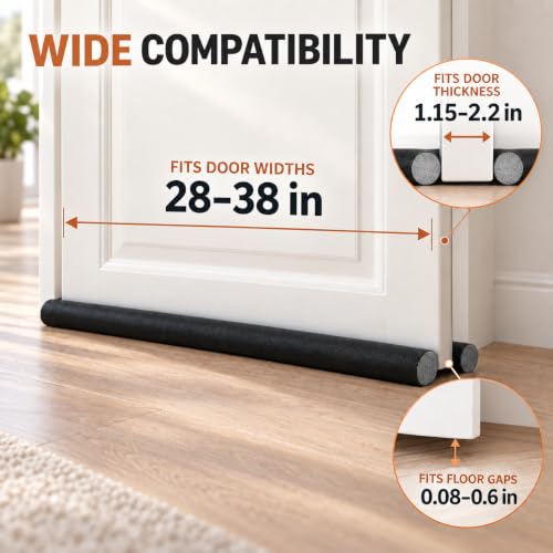 4 Pack Adjustable Door Draft Stopper - 38 Inch Double Sided Seal for 28-38 Inch Wide Doors, No Adhesive, Wipe-Clean PU Leather Cover - Black