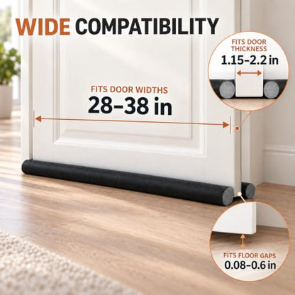 4 Pack Adjustable Door Draft Stopper - 38 Inch Double Sided Seal for 28-38 Inch Wide Doors, No Adhesive, Wipe-Clean PU Leather Cover - Black